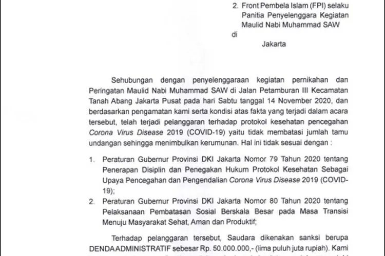 Begini Bunyi Surat Kepala Satpol PP DKI kepada Rizieq Shihab & FPI Soal Sanksi Denda/ilustrasi