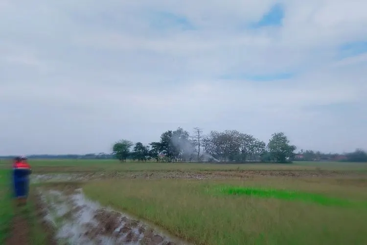 Semburan lumpur akibat gas liar di Kecamatan Tukdana, Kabupaten Indramayu, tampak dari kejauhan. (erika lia/ ayobandung )