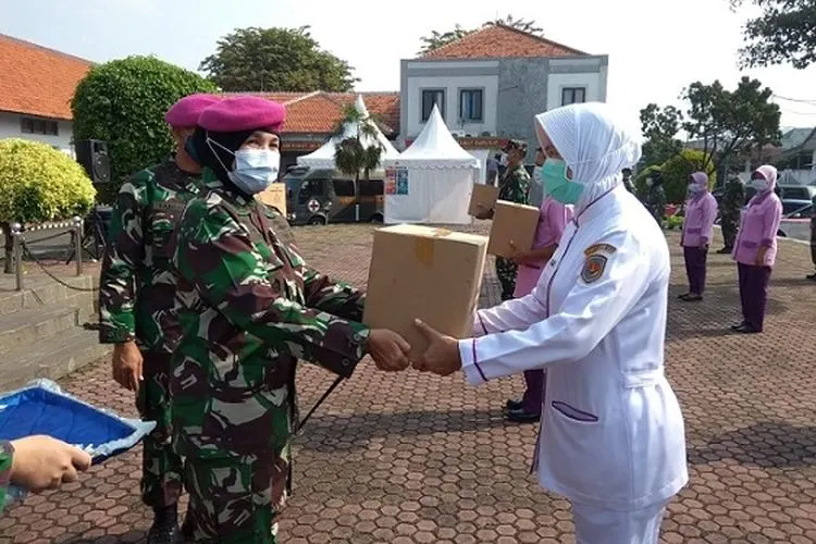Komandan Denma Mabesal Kolonel Marinir Umar Faroug dan Danrumkital Marinir Cilandak Kolonel Laut (K/W) dr Jati Berandini Prastiwi saat serah terima bantuan suplemen vitamin dari KSAL (Dispen Kormar)