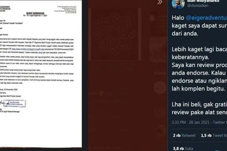 Surat keberatan eiger yang diunggah warganet (Twitter)