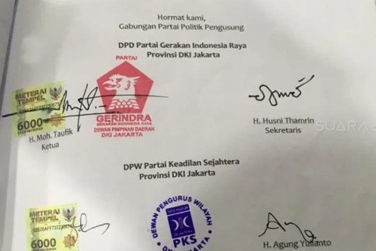 Surat penunjukan Nurmansyah Lubis dan Riza Patria sebagai Cawagub DKI yang diteken Ketua Umum Partai Gerindra, Prabowo Subianto, dan Presiden PKS, Sohibul Iman. (Suara.com/Fakhri).