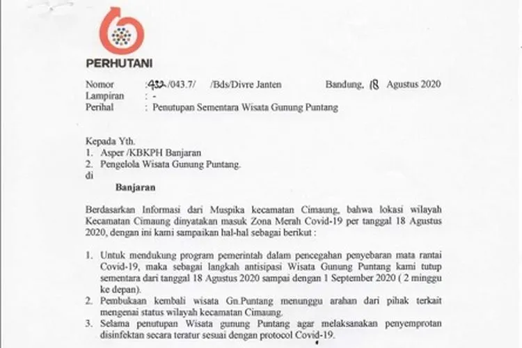 Surat pemberitahuan penutupan Gunung Puntang. (dok)