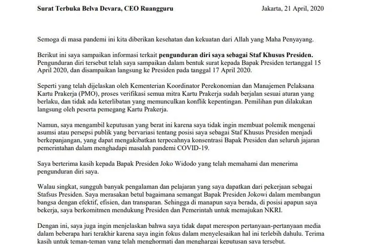 Surat terbuka pengunduran diri CEO Ruang Guru, Belva Devara, dari jabatan Staf Khusus Presiden Jokowi.