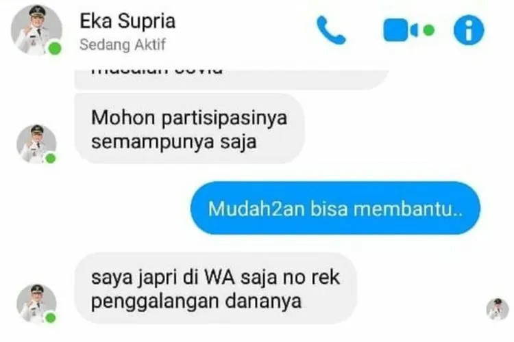 Tangkapan layar percakapan Facebook Messenger akun mengatasnamakan Bupati Bekasi Eka Supria Atmaja/IG Eka Supria Atmaja