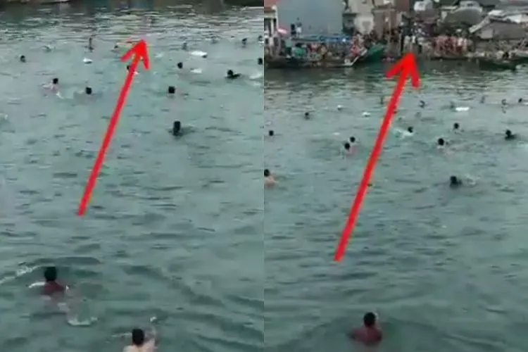 kolase tangkapan layar video tawuran tak lazim yang dilakukan dalam air sambil berenang di pesisir Kali Baru, Cilincing, Jakarta Utara/ twitter