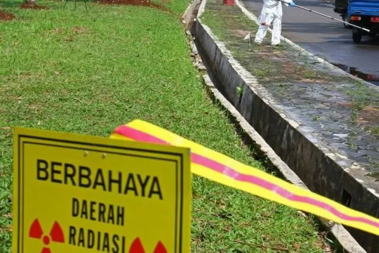 SIMULASI Penanggulangan Kedaruratan Nuklir Petugas Proteksi Radiasi (PPR) dari Badan Pengawas Teknologi Nuklir (Bapeten) melakukan penyisiran sumber radioaktif yang tercecer di tempat kejadian perkara terjadinya kecelakaan mobil pengangkut bahan radioaktif saat geladi lapang penanggulangan Kedaruratan Nuklir atau Radiologi di Puspiptek, Serpong, Tangerang Selatan, Banten (Antara)