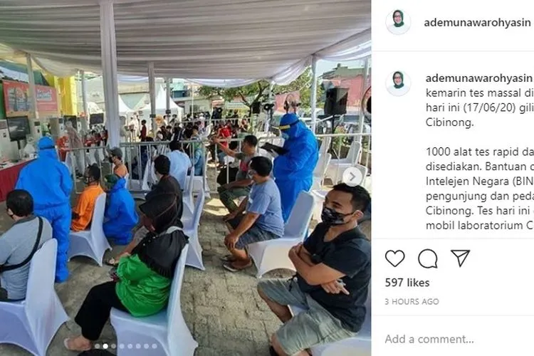 Tes massal corona, rapid test dan swab test dilakukan di Pasar Cibinong. Dari 195 orang yang telah diuji, empat di antaranya dinyatakan reaktif Covid-19/ instagram: @ademunawarohyasin