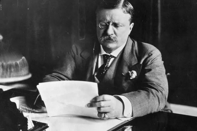 Theodore Roosevelt, presiden ke-26 Amerika Serikat, duduk di meja kerjanya.  (Getty Images/Hulton Archive)