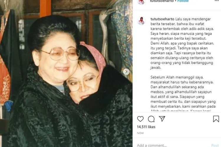 Siti Hardiyanti Rukana alias Tutut menceritakan kronologi kematian ibunya, Siti Hartinah alias Tien Soeharto, 24 tahun silam. isntagram: @tututsoeharto