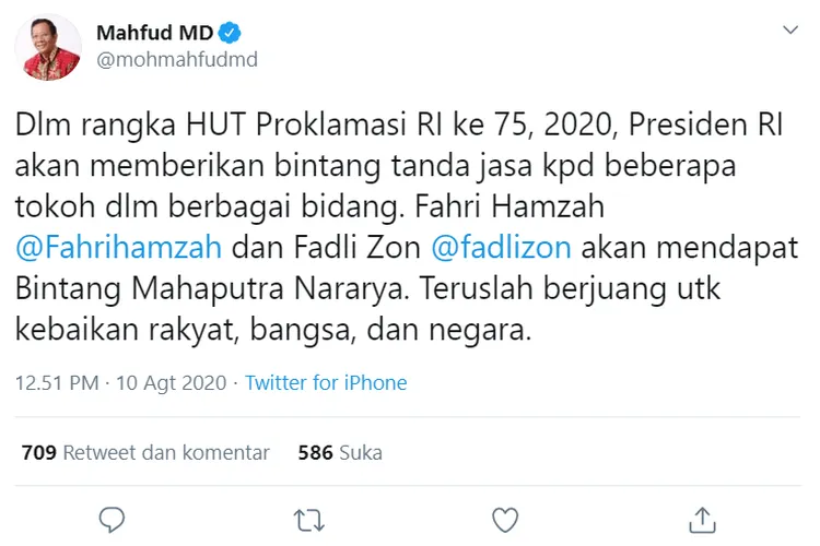 cuitan @mohmahfudmd (Twitter Mahfud MD)