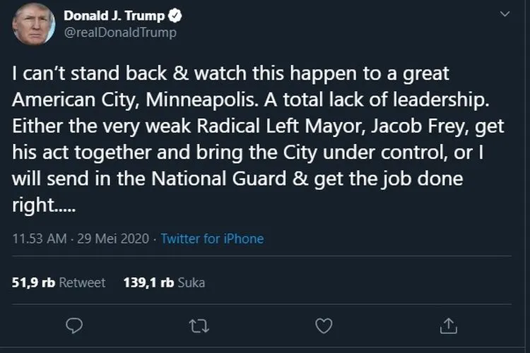 Salah satu tweet Donald Tryump yang mendapat kecaman dari masyarakat/ twitter: @realdonaldtrump