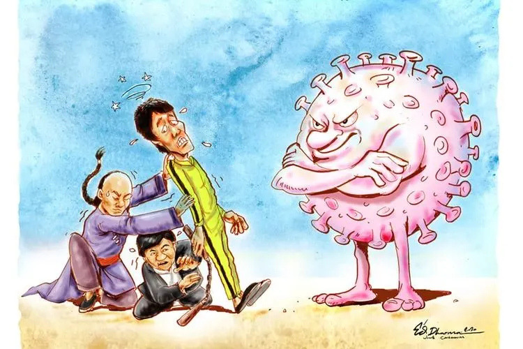 Ilustrasi Kungfu vs Virus Corona, Kartun Gag Ayosemarang.com,  karya Edi Dharma