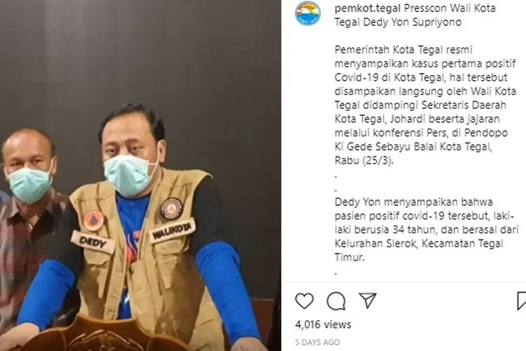 Walikota Tegal,  Dedy Yon Supriyono. Instagram: @pemkot.tegal