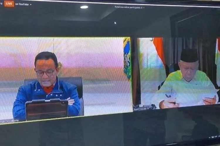 Wapres Ma'ruf Amin saat rapat online dengan Gubernur DKI Jakarta Anies Baswedan. (Dokumentasi Setwapres)