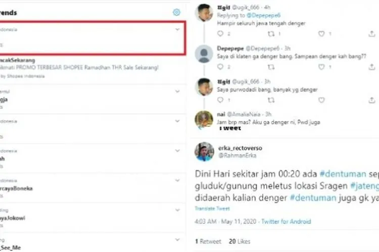 Warga Jawa Tengah mengaku dengar suara dentuman Senin dini hari (Twitter)