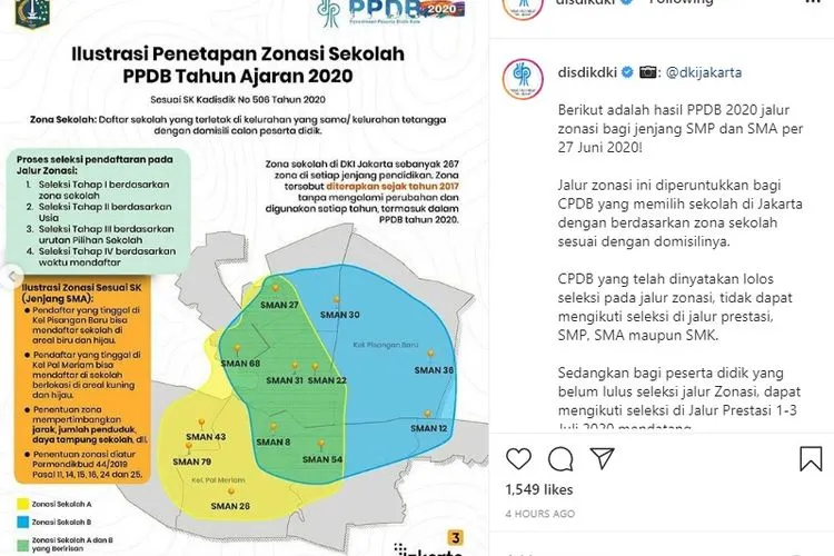 tangkap layar zonasi sekolah dalam PPDB di DKI Jakarta/ instagram: disdikdki