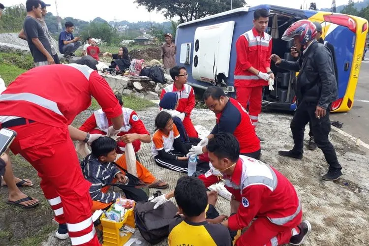 PMI membantu korban bus terguling di Puncak, Bogor.