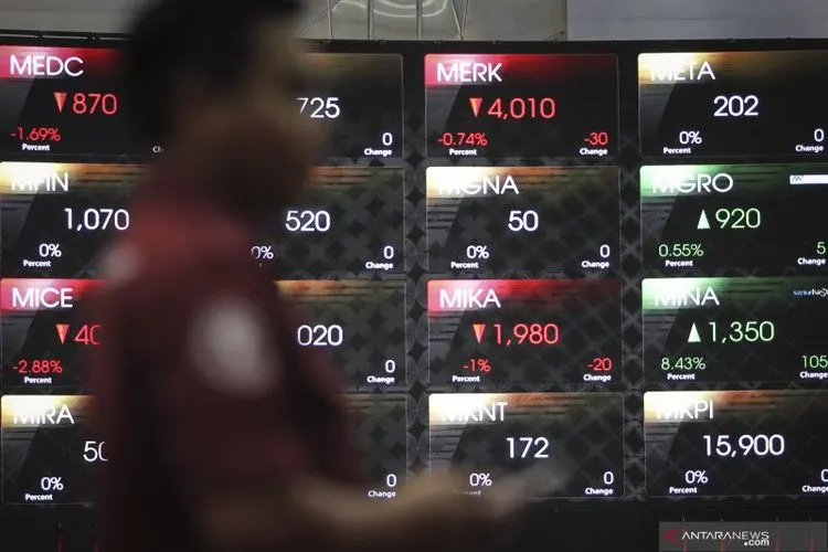 Seorang pria mengamati layar pergerakan Indeks Harga Saham Gabungan (IHSG) di gedung Bursa Efek Indonesia, Jakarta, Jumat (5/4/2019). IHSG Jumat ditutup melemah ke level 6.474 atau turun 0,32 persen (20,61 poin). (ANTARA FOTO/Dhemas Reviyanto)