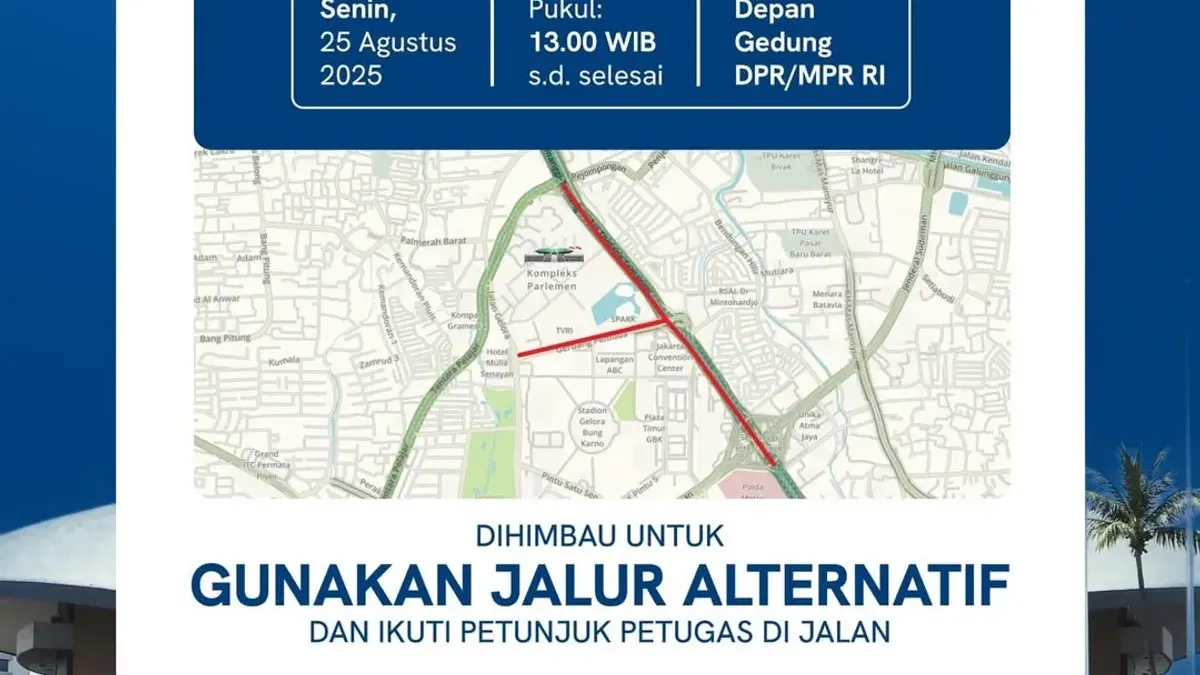Jalur alternatif hindari kemacetan demo 25 Agustsu 2025 di depan Gedung DPR RI (Sumber: Instagram @tmcpoldametro | Foto: Instagram @tmcpoldametro)