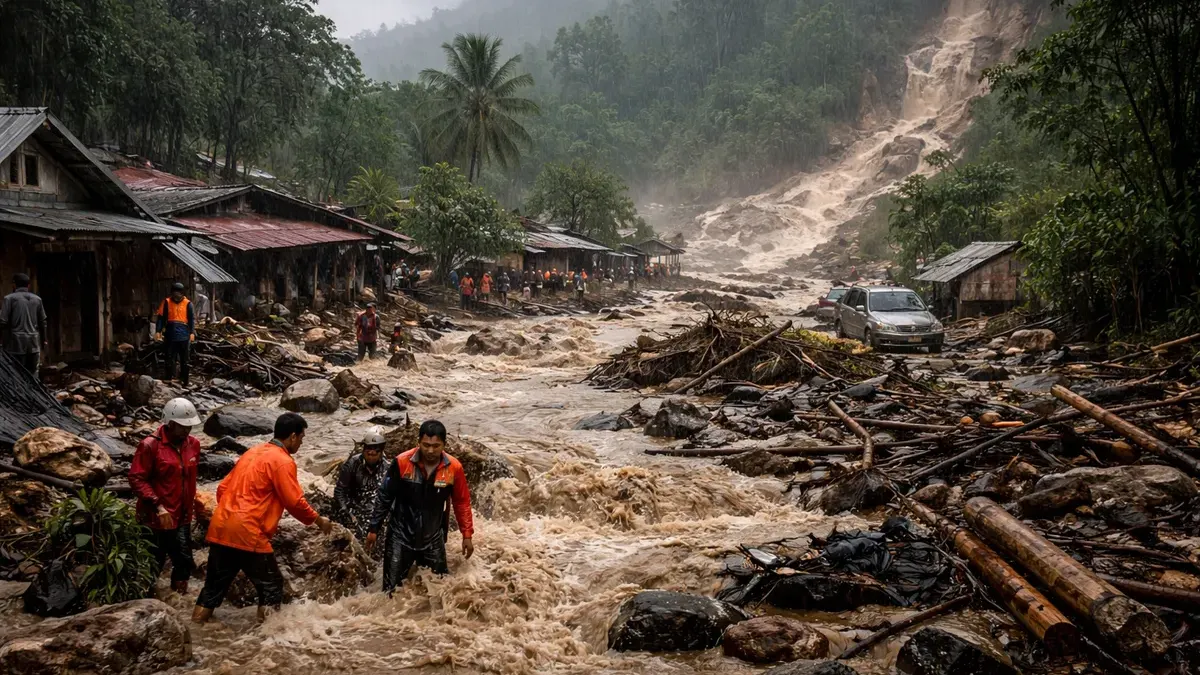 Banjir bandang kembali melanda daeras Maninjau, Kecamatan Tanjung Raya, Kabupaten Agam Sumatera Barat setelah curah hujan intensitas tinggi terjadi pada Kamis, 25 Desember 2025. (Sumber: Generate AI | Foto: Generate AI)