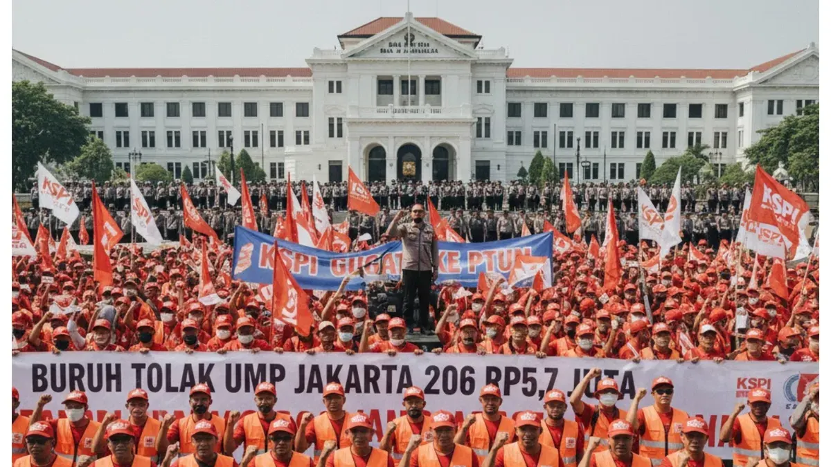 Ilustrasi. Buruh Demo Tolak UMP Jakarta 2026 (Sumber: Gemini AI)