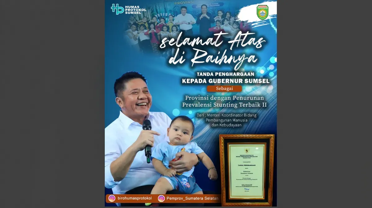 Sumsel meraih penghargaan nasional atas penurunan stunting signifikan sebagai bukti komitmen membangun generasi yang lebih sehat dan kuat.