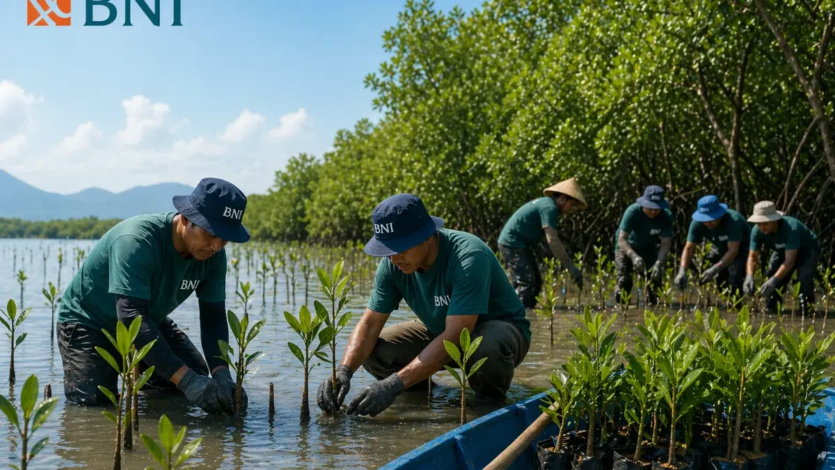BNI merehabilitasi 50 hektare mangrove di Teluk Pangpang, Banyuwangi, dalam rangka Hari Bumi, sekaligus mendorong ekonomi 5.000 warga pesisir melalui ekowisata dan budidaya.