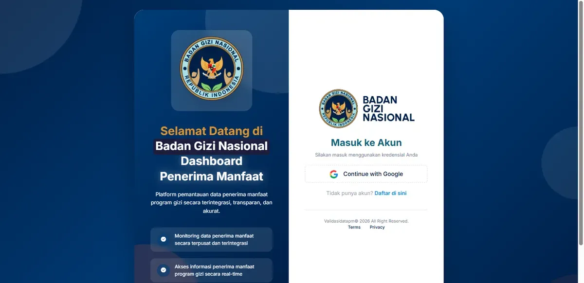 Badan Gizi Nasional (BGN) kini punya situs yang bisa diakses oleh publik untuk validasi data penerima manfaat program Makan Bergizi Gratis (MBG). (Sumber: situs validasi BGN | Foto: situs validasi BGN)