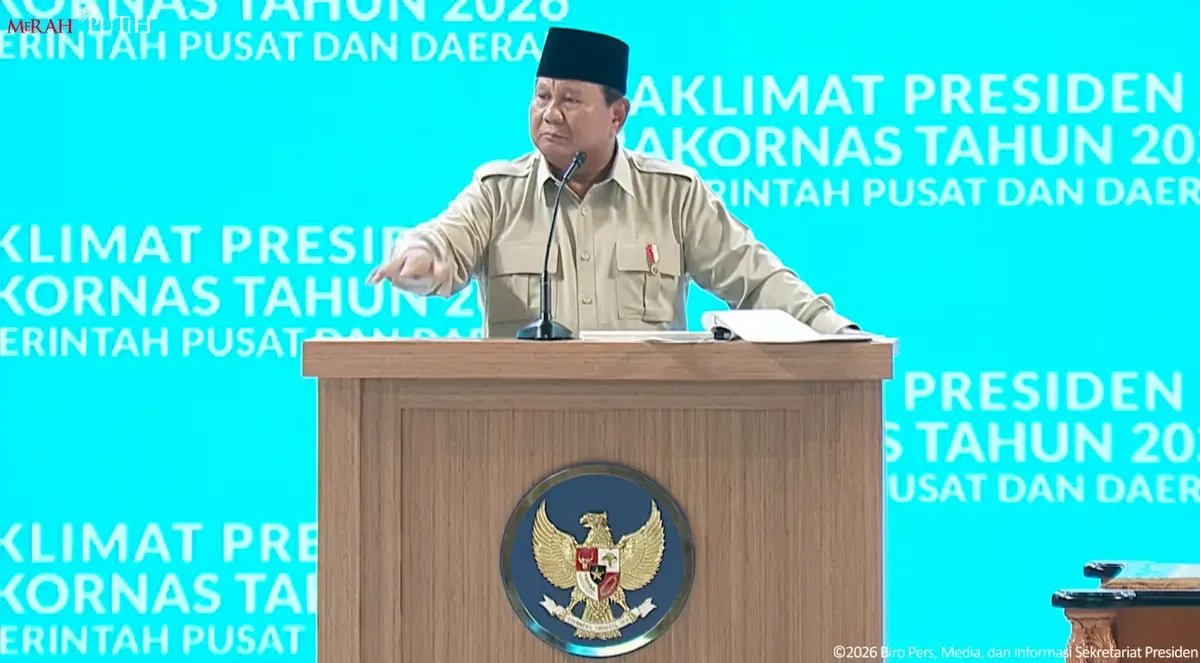 Presiden Prabowo diketahui hadir dalam Rakornas Pemerintahan Pusat dan Daerah Tahun 2026 yang diselenggarakan di Sentul, Bogor, Jawa Barat, pada Senin, 2 Februari 2026. (Sumber: YouTube Sekretariat Presiden | Foto: YouTube Sekretariat Presiden)
