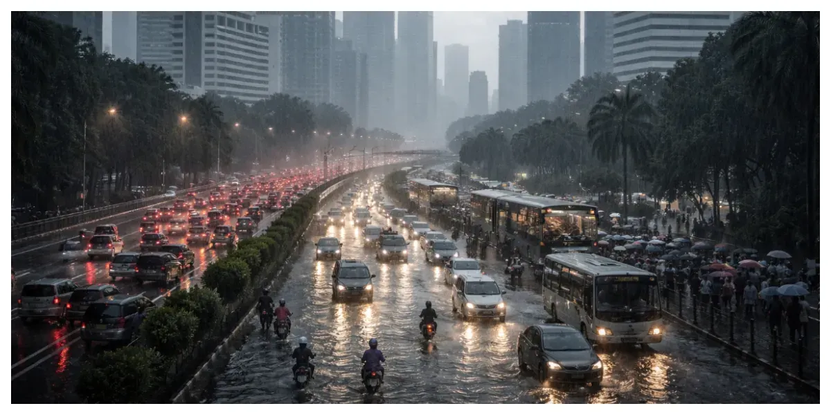 Ilustrasi. Hujan di Jakarta (Sumber: Generative AI)
