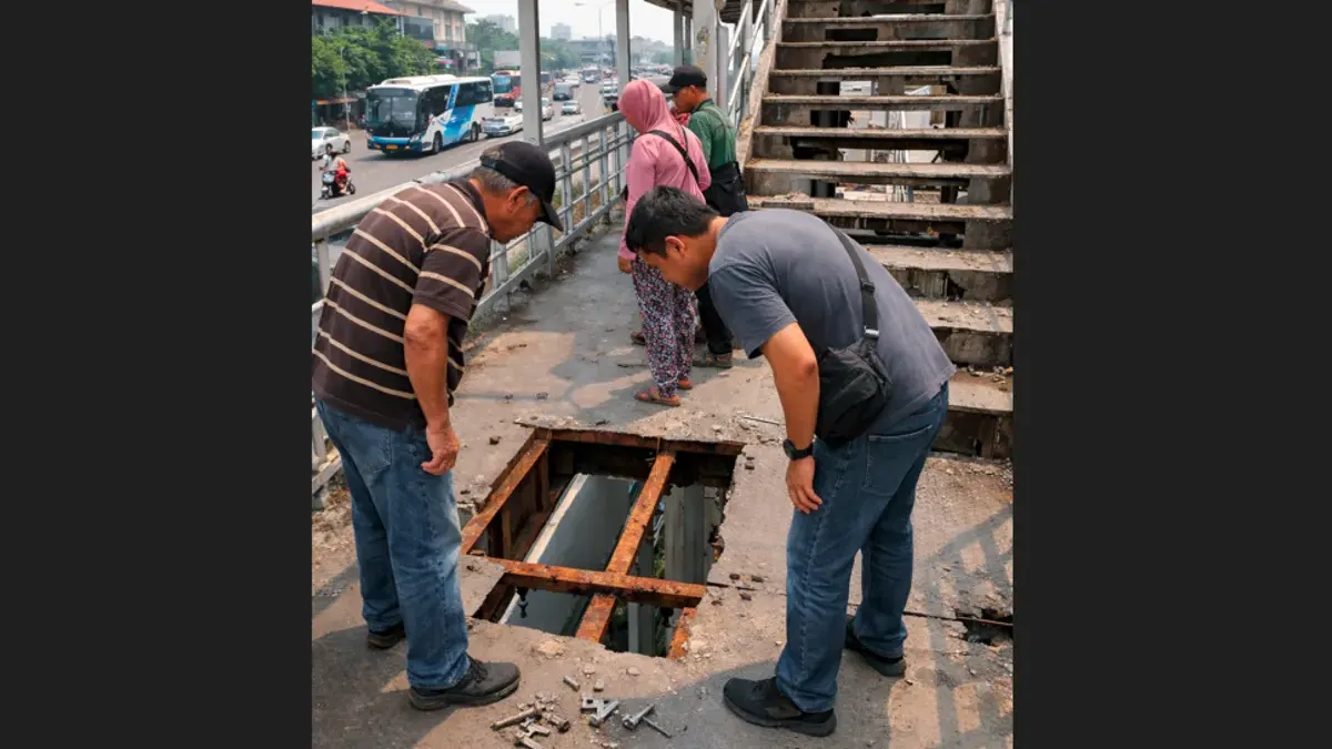 Ilustrasi. Pelat besi jembatan penyeberangan orang (JPO) dicuri di Jalan Daat Mogot, Jakarta Barat. (Sumber: beritajakarta.id | Foto: beritajakarta.id)