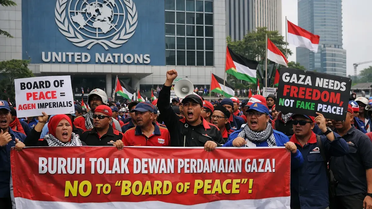 Massa buruh diketahui lakukan demo di depan Ilustrasi. Kantor Perwakilan Perserikatan Bangsa-Bangsa (PBB) di Menara Thamrin, Jakarta Pusat pada Jumat, 30 Januari 2026. (Sumber: Generate by AI | Foto: Generate by AI)