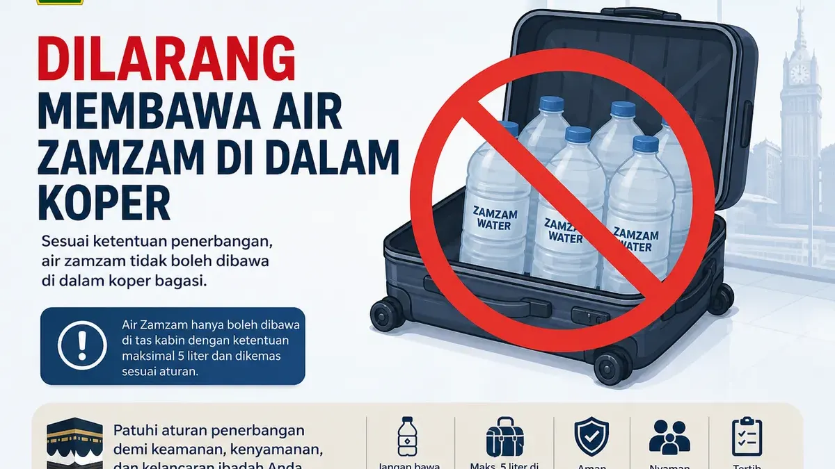 Ilustrasi. Kementerian Haji dan Umrah RI memberikan peringatan keras kepada jemaah haji agar tidak memasukkan air zamzam ke dalam koper bagasi maupun tas kabin saat kepulangan ke Indonesia. (Sumber: Generate by AI | Foto: Generate by AI)