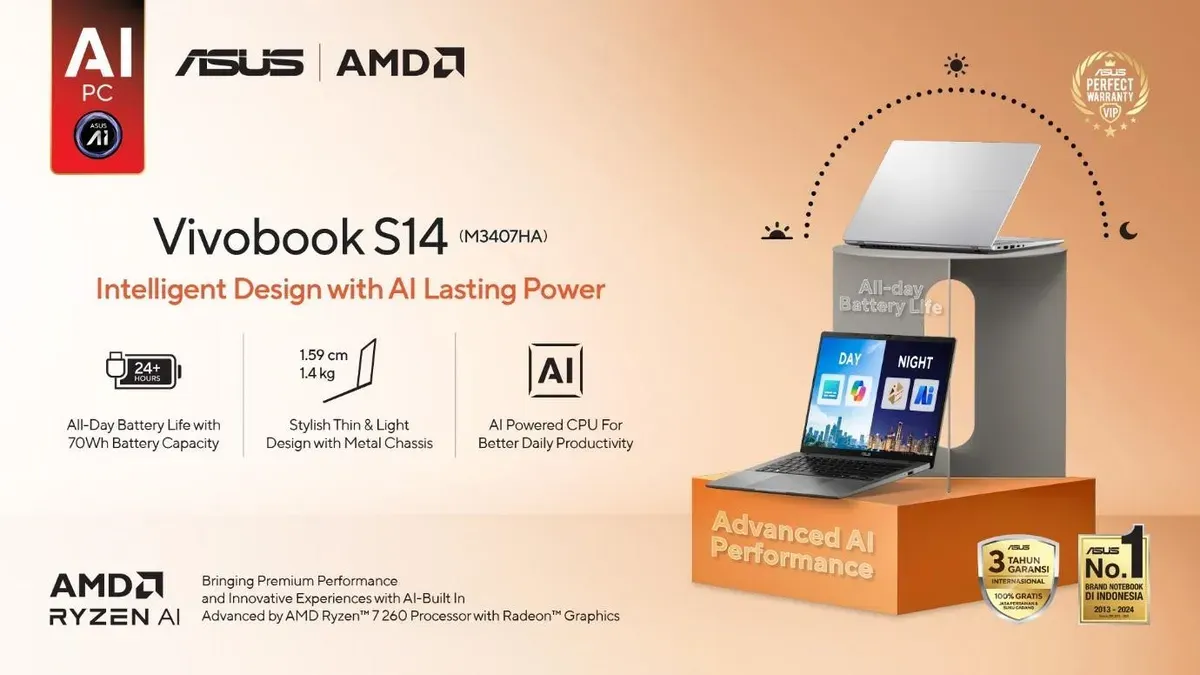 ASUS Vivobook S14 M3407HA, laptop AI dengan prosesor AMD Ryzen yang menawarkan performa tinggi, desain ringkas, dan baterai tahan lama. (Sumber: Ayojakarta.com/istimewa)