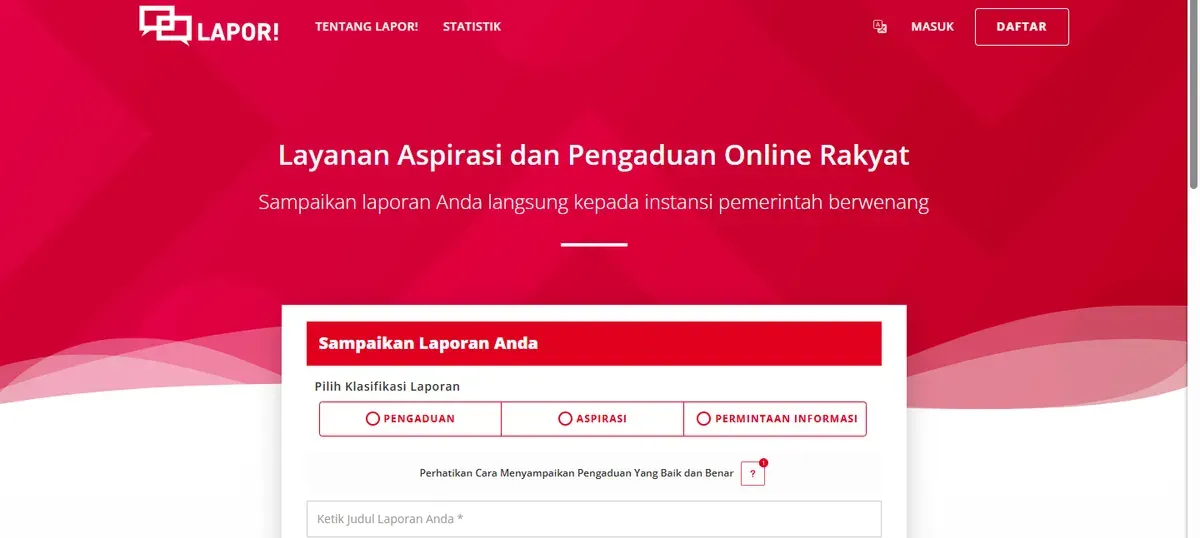 Kanal SP4N-LAPOR! milik MenPAN RB bisa lakukan pengaduan pelayanan kesehatan yang buruk. (Sumber: situs lapor.go.id | Foto: situs lapor.go.id)