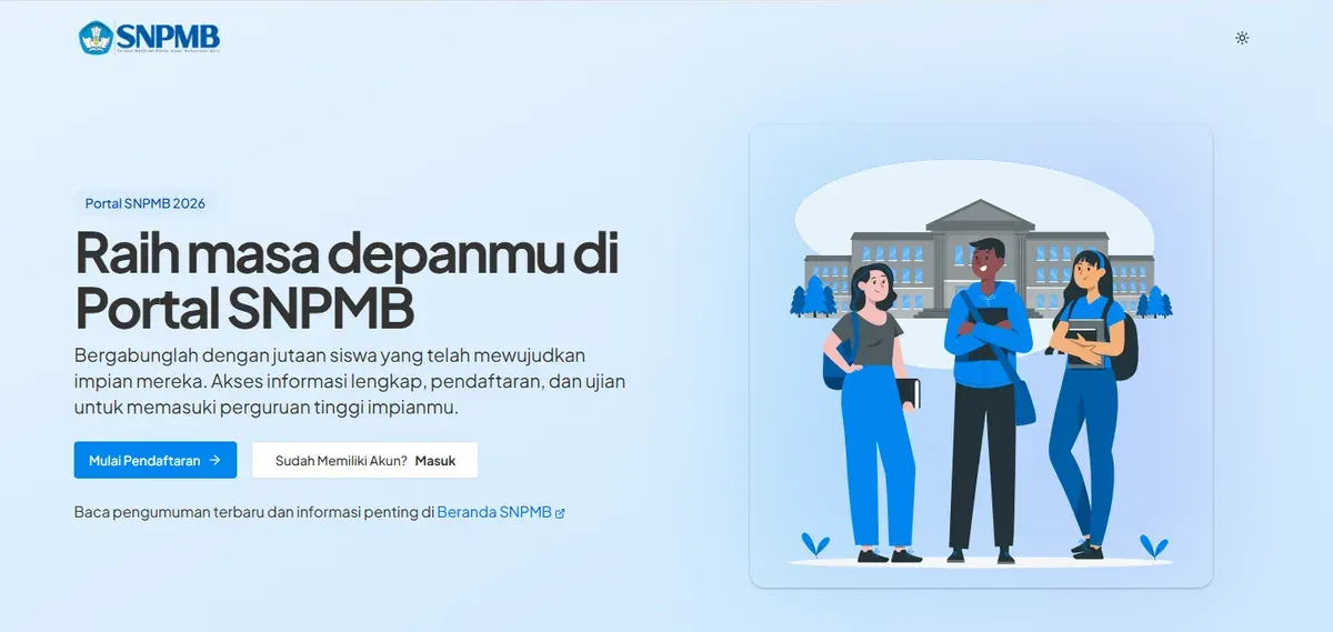 Informasi seputar pendaftaran Seleksi Nasional Berdasarkan Tes (SNBT) 2026 resmi dilakukan pada Rabu, 25 Maret 2026 tepatnya pukul 15.00 WIB. (Sumber: situs portal.snpmb.id | Foto: situs portal.snpmb.id)