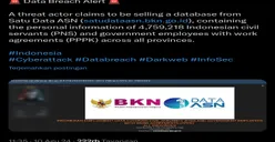 Data BKN Diduga Diretas, Sebanyak 4,7 Juta Data PNS dan PPPK Seluruh Provinsi Dijual Oleh Hacker