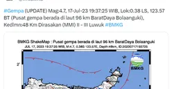 Gempa Bumi 4,7 Magnitudo Guncang Bolaang Uki Sulawesi Utara, Begini Penjelasan BMKG