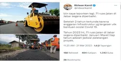 Ridwan Kamil Kepergok Gunakan Foto 2018 dalam Unggahan Perbaikan Jalan di Jabar, Warganet Banjiri Komentar