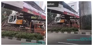 Truk Nyangkut di JPO Tendean, Jakarta Selatan (Sumber: TikTok @35Bandung)