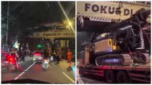 Potrettruk pengangkut ekskavator yang tersangkut di jembatan penyeberangan orang (JPO) kawasan Tendean, Jakarta Selatan, Selasa, 14 Juli 2026. (Sumber: Kolase dok.warga | Foto: Kolase dok.warga)