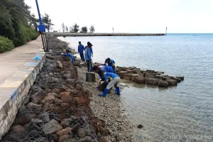 Suku Dinas Sumber Daya Air (SDA) Kepulauan Seribu perbaiki tanggul di sisi barat Pulau Sabira, Kelurahan Pulau Harapan. (Sumber: beritajakarta.id | Foto: beritajakarta.id)