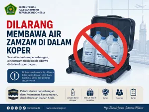 Ilustrasi. Kementerian Haji dan Umrah RI memberikan peringatan keras kepada jemaah haji agar tidak memasukkan air zamzam ke dalam koper bagasi maupun tas kabin saat kepulangan ke Indonesia. (Sumber: Generate by AI | Foto: Generate by AI)