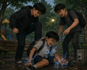 Ilustrasi. Perundingan bocah oleh remaja di Taman Kramat Pulo buat korban tersetrum. (Sumber: Generate by AI | Foto: Generate by AI)