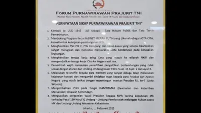 Terungkap! 8 Poin Isi Pernyataan Sikap Forum Purnawirawan TNI, Salah Satunya Lengserkan Gibran sebagai Wapres RI 
