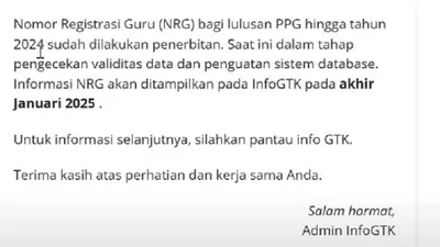 Penerbitan Nomor Registrasi Guru (NRG) untuk Guru lulusan Program Profesi Guru (PPG) piloting 1,2 dan 3 tahun 2024 sudah dilakukan.