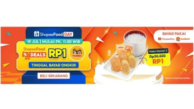 Kolaborasi spesial ShopeeFood dengan HokBen untuk pesan menu Hoka Hemat 3 hanya Rp1 spesial pada 19 Juli 2025.