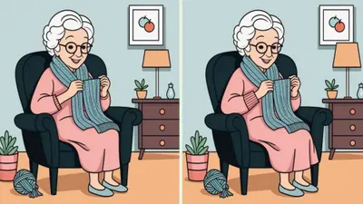 Ada 3 perbedaan pada gambar seorang nenek di ruang tamu yang sedang merajut, bisakah kamu mengidentifikasi semua perbedaan dalam tes IQ ini.