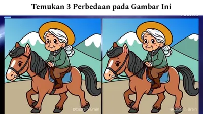Ada 3 perbedaan pada gambar nenek yang sedang menunggang kuda, kamu diminta untuk mengidentifikasi semua perbedaan dalam waktu 18 detik.