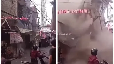 Viral Detik-detik Rumah 3 Lantai Ambruk di Bandung, Diabadikan dan Ditonton Warga Setempat